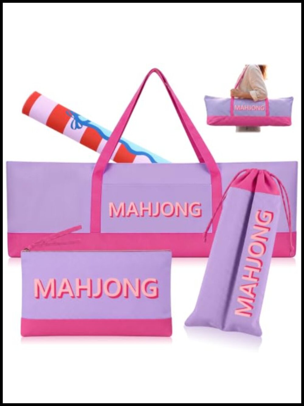 Extra Long Mahjong Bag Set - 3 Piece Canvas Tiles Racks Mat Storage Carry All